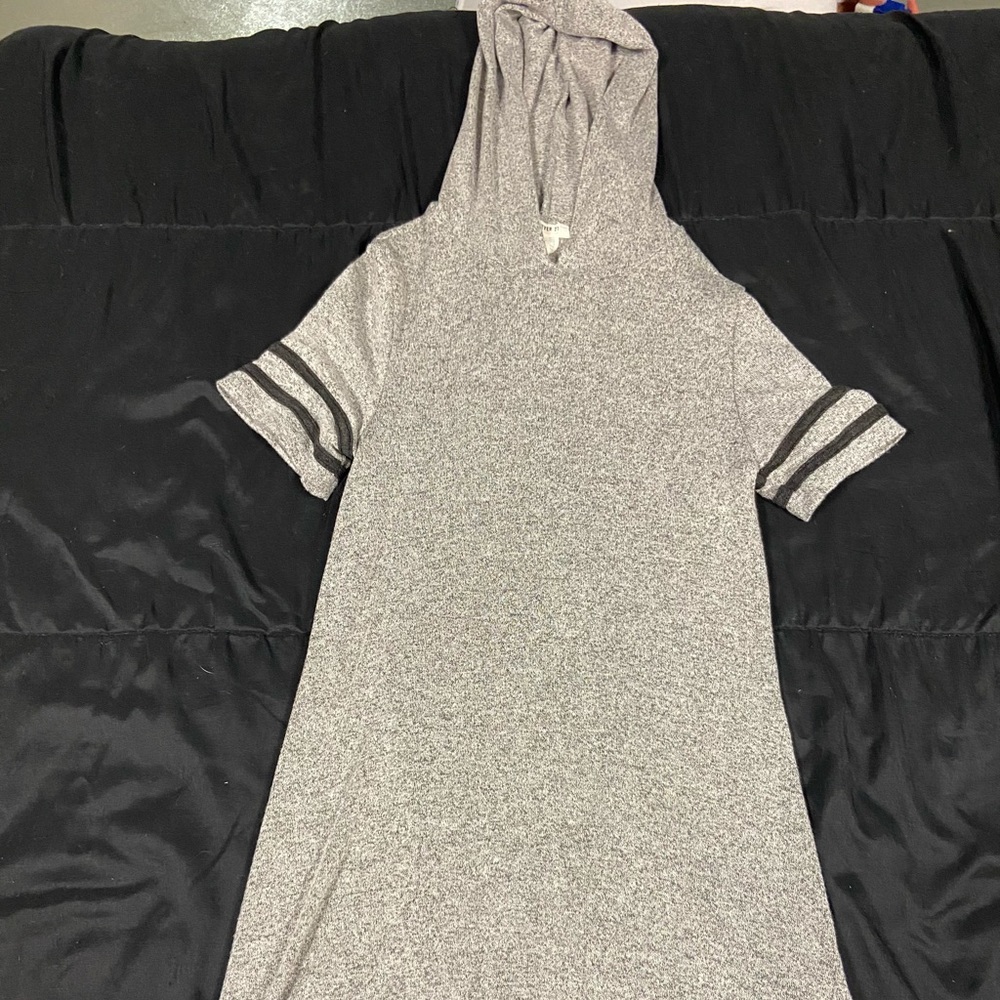 Gray and black dress with hoodie.